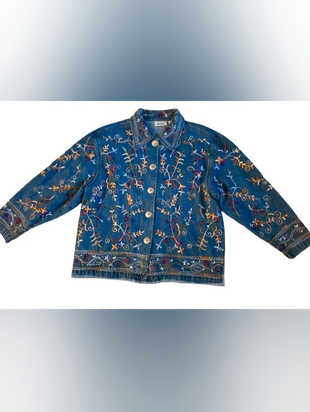 Embroidered Floral Denim Jacket - Blue
